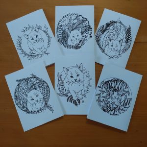 Black and White Floral Kitten x6 Cards